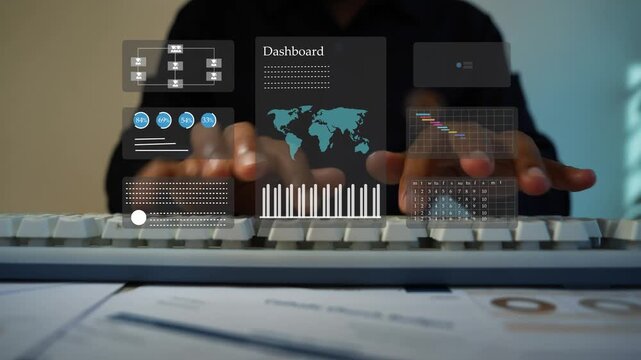 Business man computer keyboard typing with hologram business graph charts animation