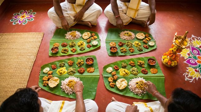 Traditional Kerala Onam Sadhya Feast Laid Out on Fresh Banana Leaf with 20 Plus Dishes, Vibrant Colours, Real Setting, Natural Daylight, Authentic Kerala Festival Food Culture
