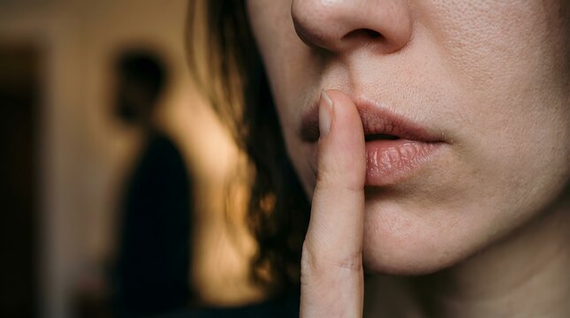 close up of woman with finger on lips making shush gesture for secret and quiet silence with man