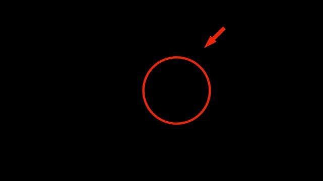 Red arrow pointing at circle highlight attention animation on black chroma key alpha channel background 