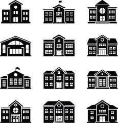 Naklejka premium school architecture silhouette icons grid varied school facades