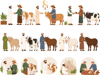 Naklejka premium Muslim Men Buying and Sacrificing Cows for Eid al-Adha Celebration Flat Vector Illustration Set with Qurbani Sacrifice, Livestock Market, and Religious Traditions