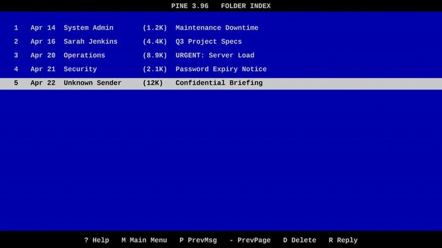 Retro 1990s Pine textbased terminal email client inbox displaying corporate memo subject lines and whistleblower communications