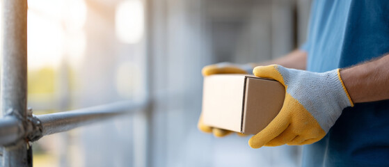 Fototapeta premium Worker holding cardboard box with gloves