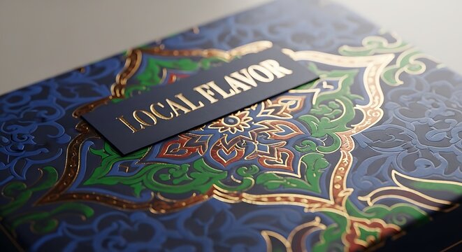 Local Flavor brand card on colorful ornate packaging design