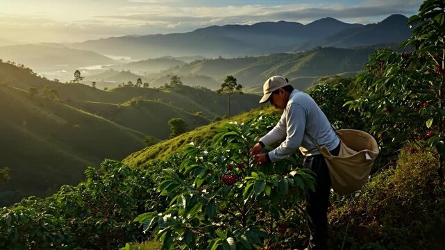Farmer harvesting red coffee beans on mountain plantation at sunrise. scenic landscape banner. agriculture, organic farming and production concept.