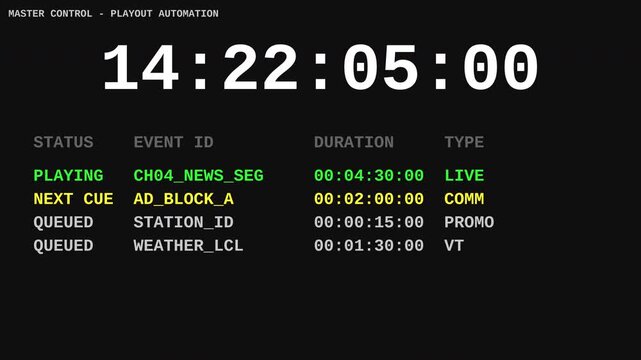 Live television master control room terminal running broadcast playout automation SMPTE timecodes and commercial schedules