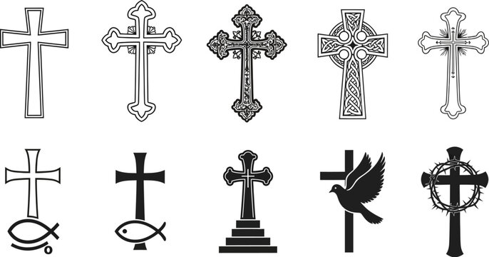 Various christian crosses and religious symbols in black and white  christianity faith icons