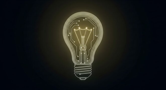 Glowing light bulb with circuit lines on black background.