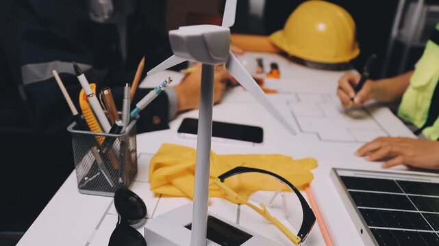 Construction and structure of Engineer or architect meeting for project working with partner and tools on model building and blueprint in working site