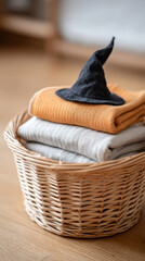 Obraz premium Folded knitwear with witch hat in wicker basket on wooden floor