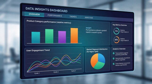 Digital data dashboard displaying colorful graphs and charts in a modern office environment