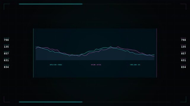 A digital graph displaying fluctuating data trends with colorful lines against a dark background