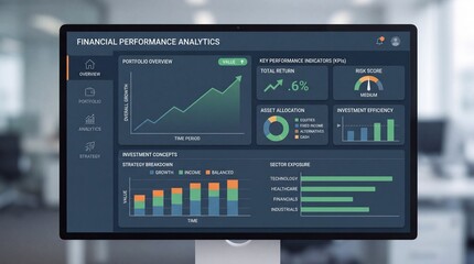 Fototapeta premium Detailed financial analytics dashboard displaying charts and graphs with growth indicators in a modern office setting
