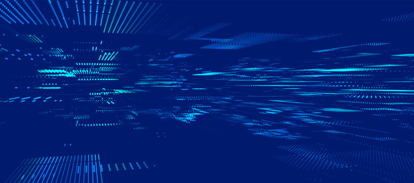A futuristic vector background with a digital pixel matrix pattern on a blue background. Data flow or a futuristic map of a technological network. Dynamic particles of digital data penetrate cyberspac