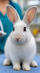 Obraz premium White rabbit with large ears on blue towel at veterinary clinic