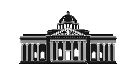 Detailed black and white illustration of a classical building with a dome © MITHUN