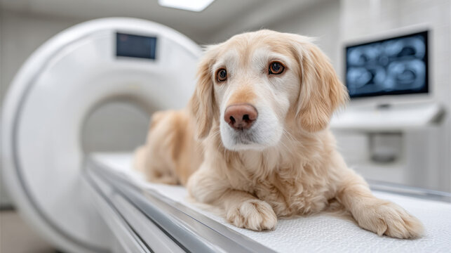 Golden retriever in veterinary mri room with medical equipment