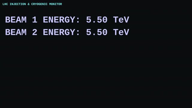Particle accelerator collider monitor showing beam energy cryogenic temperatures and collision event detection for physics research