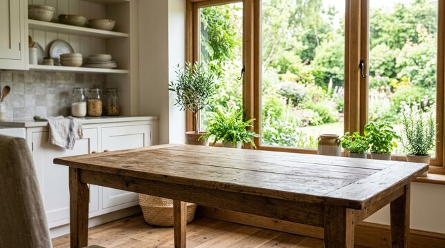 Rustic wooden table in a bright kitchen, window view with green plants, empty table, product display background with copy space, clean commercial setup, lifestyle interior context, balanced