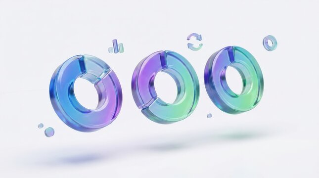3D donut chart icons, analytics dashboard concept. Colorful gradient glass like icon, trending glass holographic icon, for graphic design, UI UX interfaces, render , modern interface symbol, blue