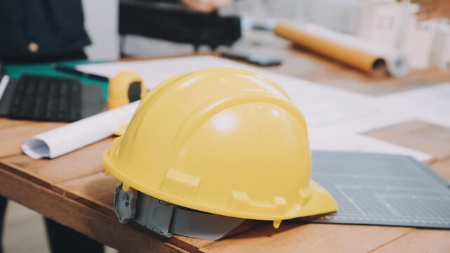 Construction and structure of Engineer or architect meeting for project working with partner and tools on model building and blueprint in working site