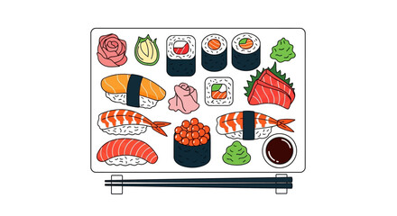 Colorful illustration of assorted sushi pieces arranged on a rectangular plate © MITHUN