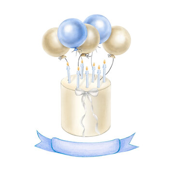 Watercolor illustration of a festive white cake. The cake is decorated with a bow, blue candles and balloons. There is a blue ribbon under the cake for the inscription. Handmade illustration. Isolated