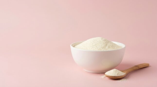 Bowl of colostrum milk powder on a smooth pink backdrop with room for text, nutrition supplement concept for wellness, dairy and health product themes, fine granular texture in a minimal composition,