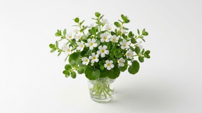 Artistic Bacopa floral arrangement with crisp green leaves and pristine white petals with yellow centers on white background, clean commercial styling, isolated or minimal setting, realistic texture,