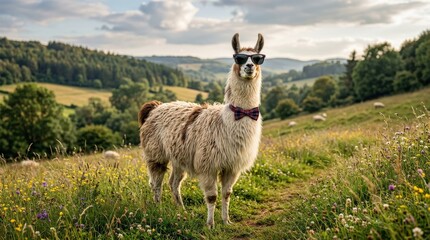 Obraz premium Funny llama wearing sunglasses and bowtie in a field, vivid wildlife scene with strong commercial appeal and natural atmosphere, balanced composition, high search appeal, clean premium styling, soft
