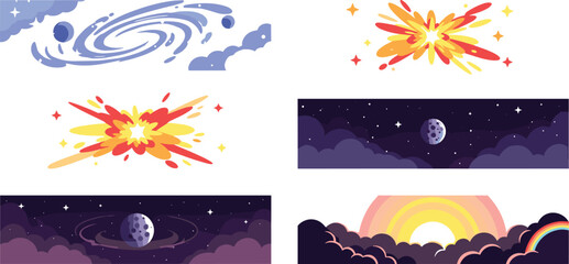 Space scenes collection with galaxy swirl, star explosions, night sky landscapes and sunrise horizon in flat style for cosmic illustration and design © AntarChandra