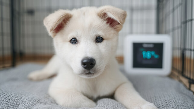 Adorable puppy with smart crate sensor in modern pet environment