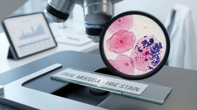 Microscopic view of desquamated squamous cells from oral mucosa with dense blue bacterial colonies on right cell using HE stain, clean commercial composition, professional context, realistic detail,