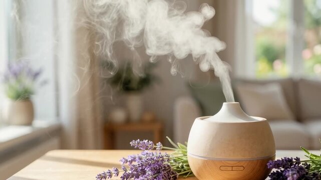 Aromatherapy diffuser with steam and lavender on table in living room. Home wellness and relaxation concept
