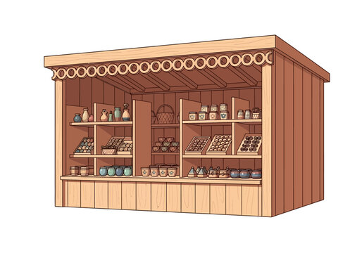Vector illustration of a wooden market stall filled with various goods and flowers, showcasing traditional craftsmanship and local produce for sale at a charming bazaar