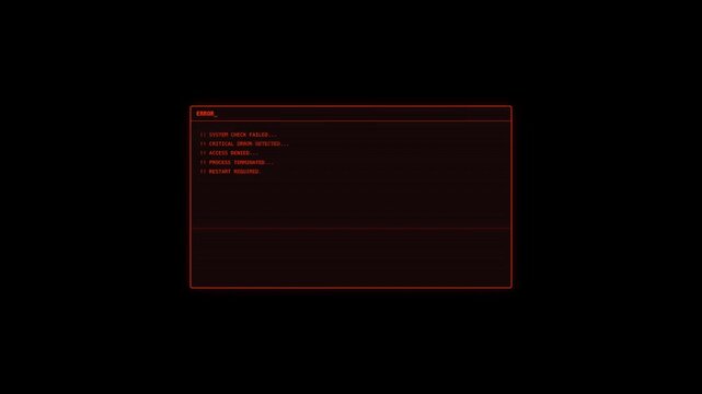 A dark digital interface with red text displaying system options and menu items