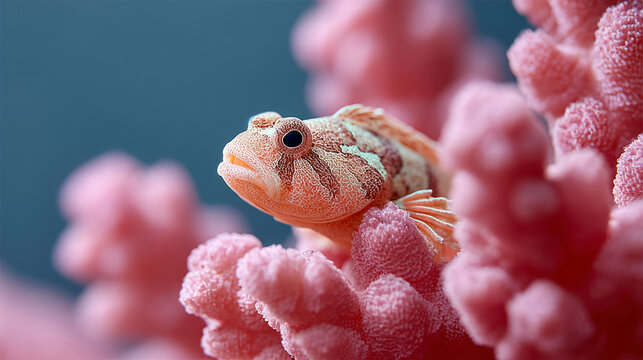 Rare psychedelic frogfish camouflaged in vibrant coral reef habitat