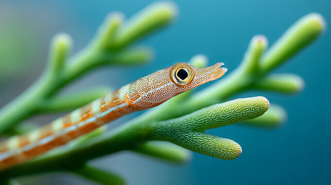 Pipefish navigating coral spirals in a vibrant underwater scene