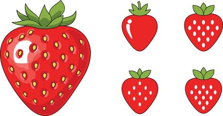 Strawberry fruit set with large detailed berry and simple flat variations in cartoon style for food illustration, kids design and packaging © AntarChandra