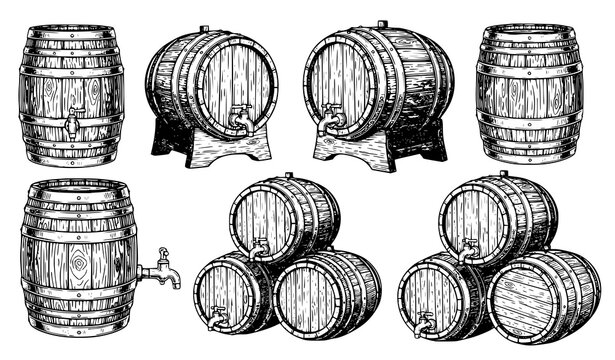 Wooden barrel vector set beer wine cask vintage hand drawn illustration