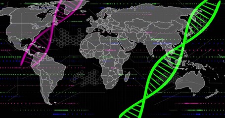 Naklejka premium Displaying large neon green DNA helix occupying right side of dashboard, gray world map, copy space