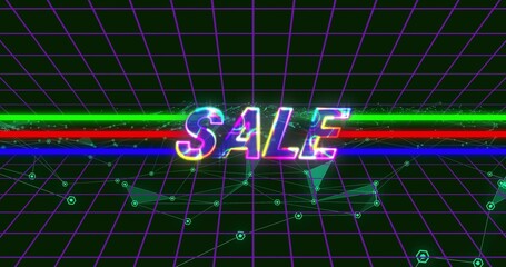 Glowing 3D 'SALE' text hovering near horizon in retro futuristic grid, with neon stripes © vectorfusionart