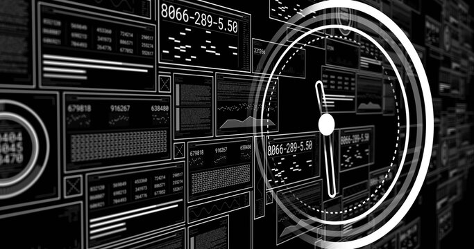 Displaying circular gauge on right of virtual dashboard, showing panels, line graphs, histograms
