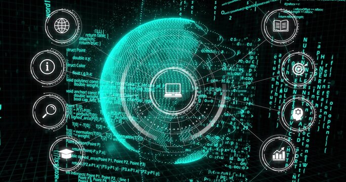 Displaying holographic teal globe on grid showing laptop icon, UI rings, radial lines and code