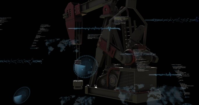 Showing pump jack moving in studio void, with head, counterweight, suspended sample, radar
