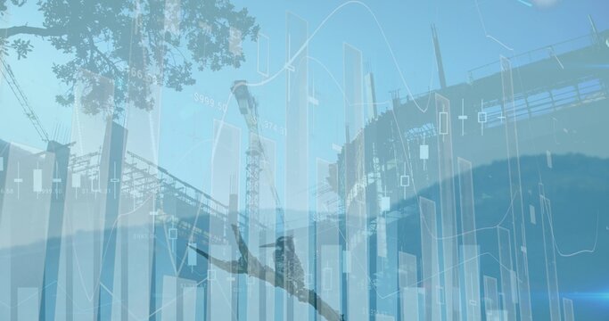 Perching small bird silhouette on thin branch, blending valley construction site with market charts