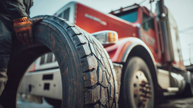 Worker holds a heavy truck tire beside a red semi truck during roadside maintenance or fleet service.