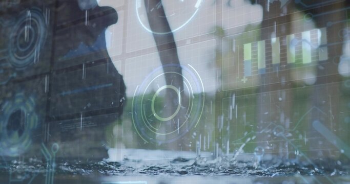 Stepping dark waterproof boot wearing dark pants splashing puddle on wet ground, with HUD overlays