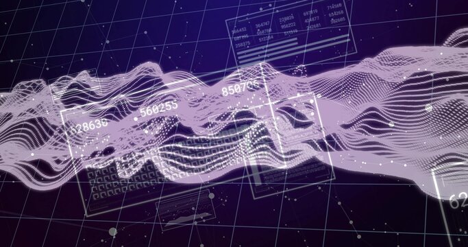 Flowing luminous data ribbon moving across 3D grid plane, showing numeric panels and node markers
